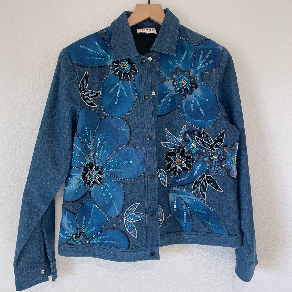 Vintage Anage Jean Jacket with Floral and Beaded Embellishments - Picture 1 of 13